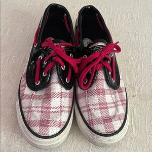 Sperry adult Pink Plaid Canvas Sneakers with Hot Pink Laces